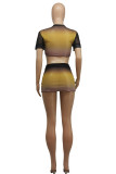 Yellow Sexy Gradual Change Patchwork O Neck Short Sleeve Two Pieces