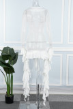 White Casual Solid Tassel See-through V Neck Wrapped Skirt Dresses