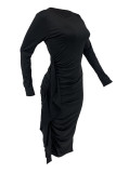 Svarta Casual Solid Patchwork Vik O-hals långärmade klänningar