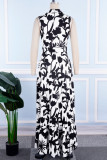 Schwarz-weiße, lässige, tägliche, elegante, schlichte Blumenkleider mit asymmetrischem Druck und Gürtel und V-Ausschnitt