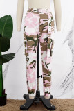 Pantalon décontracté à imprimé camouflage, patchwork, taille haute, conventionnel, imprimé complet, rose