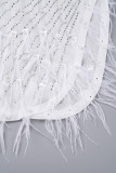 Branco sexy patchwork perfuração quente transparente miçangas decote em V vestidos de manga comprida