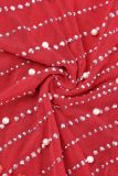 Rode sexy patchwork hete boren doorzichtige kralen V-hals lange mouwen jurken
