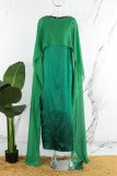 Robe longue verte élégante en Patchwork, couleur unie, fermeture éclair, col rond