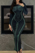 Green Elegant Print Patchwork Backless O Neck Printed Dress Dresses
