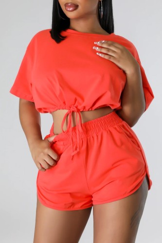 Orange Casual Solid Frenulum O Neck Short Sleeve Two Pieces
