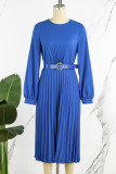 Blauw Casual Elegant Solide Patchwork Vouw met riem O-hals Rechte jurken (bevatten de riem)