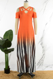 Orange Casual Print urholkad V-hals långa klänningar