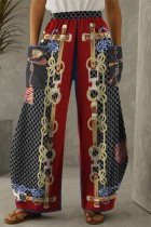 Red Casual Print Patchwork Pocket Regular High Waist Conventional Full Print Trousers