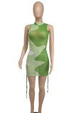 Verde claro sexy estampa patchwork draw string malha contraste o pescoço vestidos bainha