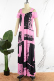 Розовые повседневные длинные платья с квадратным воротником и принтом