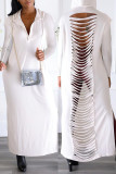 ホワイトカジュアルソリッドスリットフード付きカラー長袖ドレス