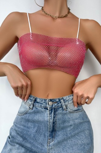 Top con cinturino per spaghetti con strass trasparenti trasparenti patchwork rosa rosso sexy
