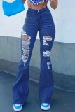 Azul Escuro Casual Sólido Rasgado Cintura Alta Bota Jeans Jeans