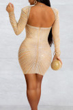 アプリコット セクシー エレガント ソリッド パッチワーク バックレス メッシュ ホット ドリル 非対称襟 ワン ステップ スカート ドレス
