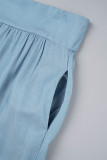Pantalones de color liso elegantes con bolsillo de parches lisos sueltos de cintura media azul claro