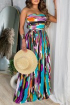 Colour Sexy Print Patchwork Backless Strapless Long Dress Dresses