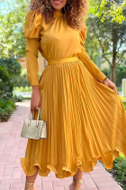 Amarillo elegante patchwork liso pliegue medio cuello alto manga larga dos piezas