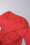 Vestidos vermelhos sexy sólidos vazados com decote em V de manga comprida