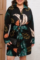 Veelkleurige casual print patchwork kraag met lange mouwen en grote maten jurken