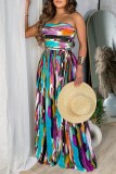 Kleur sexy print patchwork rugloze strapless lange jurk jurken