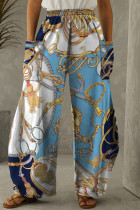 Light Blue Casual Print Patchwork Pocket Regular High Waist Conventional Full Print Trousers
