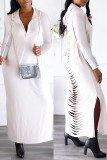 Witte casual effen jurken met capuchon, kraag en lange mouwen