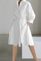 Witte elegante print patchwork knopen kraag A-lijn jurken