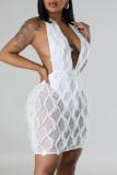 Witte sexy effen patchwork doorzichtige rugloze halter mouwloze jurkjurken