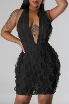 Черное сексуальное сплошное лоскутное прозрачное платье без рукавов с открытой спиной и лямкой на шее