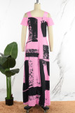 ピンク カジュアル プリント くり抜き スクエア カラー ロング ドレス ドレス