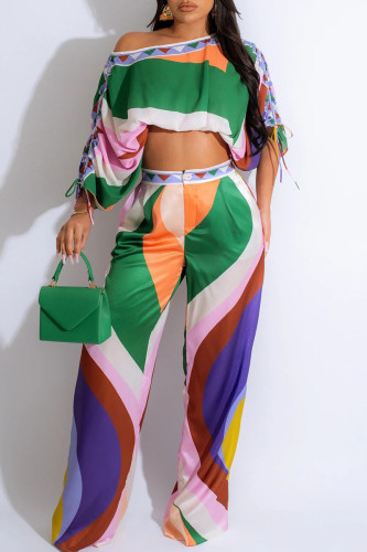 Green Casual Print Patchwork Draw String Pocket Buttons Zipper Off the Shoulder Short Sleeve Two Pieces