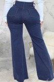 Jeans skinny in denim a vita alta con bottoni patchwork solidi casual blu scuro