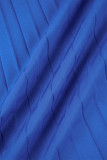 Piega patchwork solida elegante casual blu con cintura o collo abiti dritti (contiene la cintura)