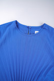Piega patchwork solida elegante casual blu con cintura o collo abiti dritti (contiene la cintura)