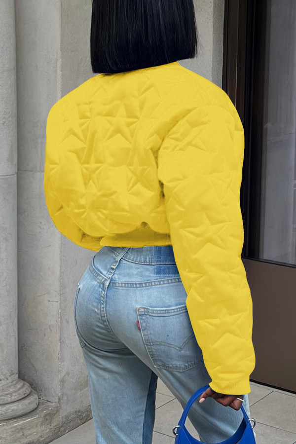 Желтая повседневная однотонная лоскутная верхняя одежда с воротником-стойкой на молнии и пуговицами