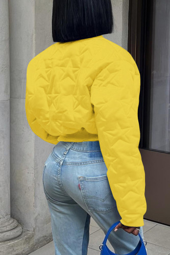 Yellow Casual Solid Patchwork Buttons Zipper Mandarin Collar Outerwear