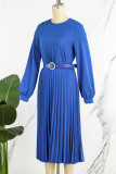 Blue Casual Elegant Solid Patchwork Fold With Belt O Neck Straight Dresses(Contain The Belt)