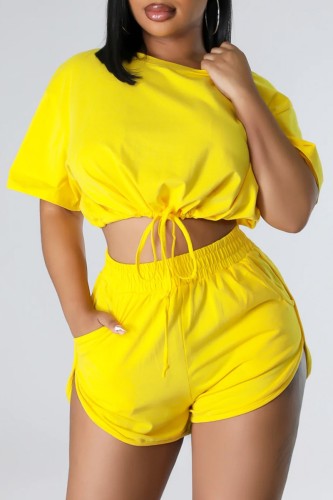 Yellow Casual Solid Frenulum O Neck Short Sleeve Two Pieces