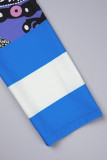 Vestidos azuis casuais estampados básicos com decote em V manga comprida (sujeito ao objeto real)