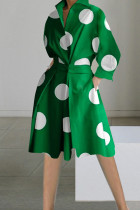 Groen-witte elegante print patchwork knopen kraag A-lijn jurken