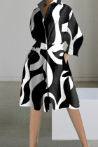 Schwarze, elegant bedruckte, Patchwork-Knöpfe, A-Linien-Kleider mit Umlegekragen