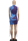 Blauwe sexy print patchwork trekkoord mesh contrasterende o-hals schede jurken