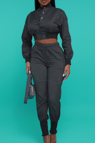 Black Street Solid Hollowed Out Patchwork Pocket Buckle Mandarin Collar Long Sleeve Two Pieces