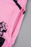 Robe longue rose décontractée à imprimé évidé et col carré