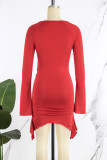 Red Sexy Solid Hollowed Out V Neck Long Sleeve Dresses