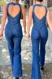 Azul casual sólido sem costas com zíper colarinho sem mangas macacões jeans skinny