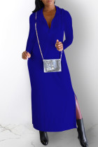 ブルー カジュアル ソリッド スリット フード付きカラー ロング スリーブ ドレス