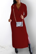 バーガンディ カジュアル ソリッド スリット フード付き襟 長袖 ドレス