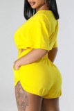 Yellow Casual Solid Frenulum O Neck Short Sleeve Two Pieces